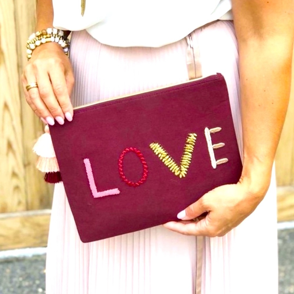Stella & Dor Embroidered and Beaded Love Pouch - Burgundy